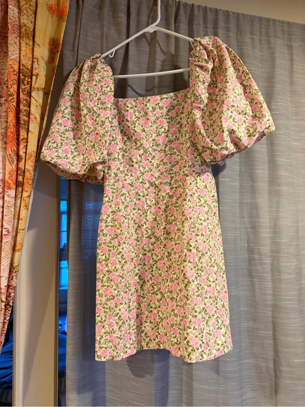 Sezane Pink and Green Floral Puff-Sleeve Mini Dress